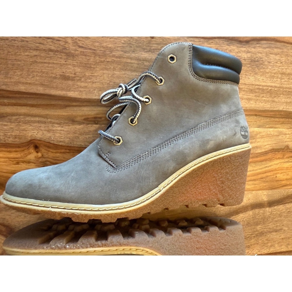 Timberland Amston 6-Inch Wedge Boots Grey‎ Nubuck Leather Lace Up Womens 5 A12RG